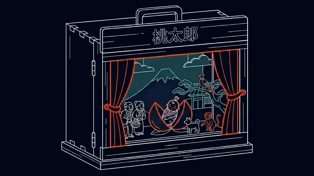 A traditional wooden Kamishibai stage depicting the Japanese story of Momotaro